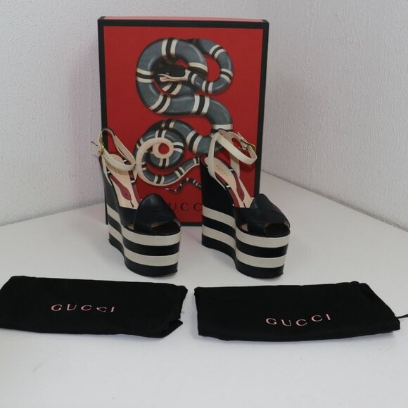 GUCCI BLU/MYSTIC WHITE ANKLE STRAP NAPPA CHARLOTTE WEDGES US 8.5 EU39 - Picture 14 of 15